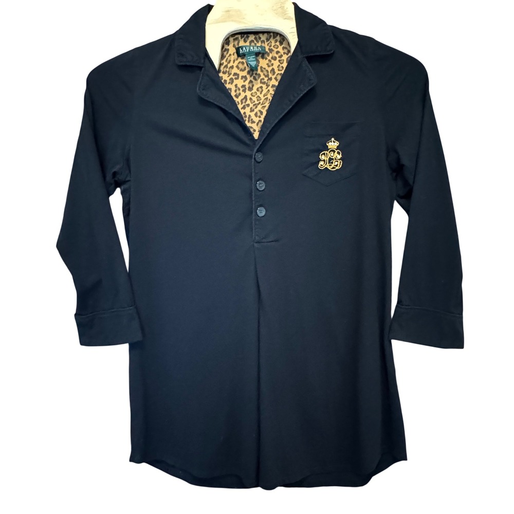 Lauren Ralph Lauren Sleep Shirt Dress XL Leopard Trim Crest Logo Old Money Mobb